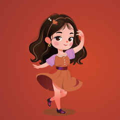 Girl with Brown Hair in Dress Against Red Background