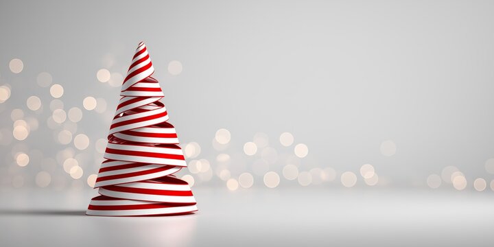 Red and white ribbon spiral tree on soft gray bokeh background.