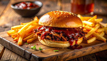 pork barbecue sandwich with rich BBQ sauce dripping 