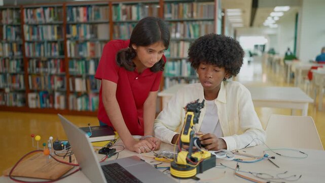 High school students learning and build electronic robot model together for construction project. Innovative technology, Development concept