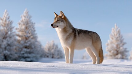 Obraz premium Majestic Wolf Standing in Snowy Landscape Beneath Clear Blue Sky with Frosty Trees in Background, Reflecting Beauty of Winter Nature