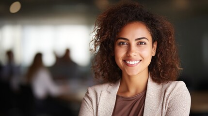 A confident African female professional delivering a presentation with soft rim lighting and a blurred meeting room.