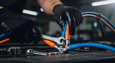Mechanic in black gloves tightening a cable connection with a wrench in a workshop setting.
