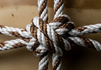 A close up view of intertwined brown and white rope strands