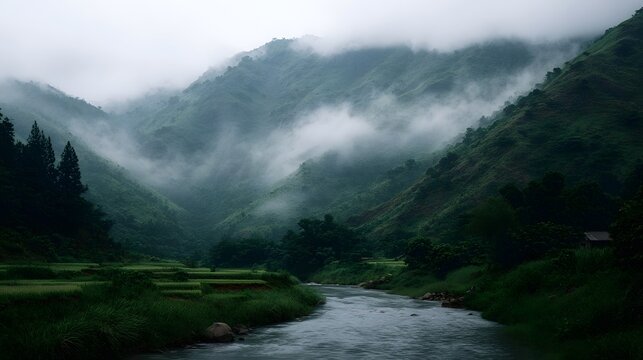 A serene mountain valley shrouded in mist with a winding river flowing past lush green terraced fields under a cloudy sky