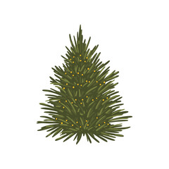 Traditional Christmas tree vector with rich green pine needles and warm yellow lights. Hand-drawn, festive illustration for classic holiday cards, party invitations, and winter-themed decor.