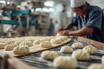 A busy baker meticulously preparing traditional bao buns in a professional kitchen, carefully shaping each bun before baking them for restaurant use and local consumers.