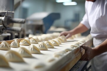 A baker meticulously arranges rows of raw dumplings, showcasing culinary artistry, on a conveyor belt, emphasizing food production and the making of traditional dishes.