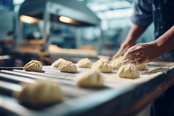 A baker is preparing dough products on a conveyor belt in a modern bakery, a traditional food production process with quality control and careful hands shaping each piece.