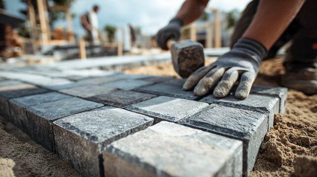 The process of laying paving stones. A worker wearing protective gloves uses a rubber mallet to adjust the position of the stones.
