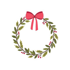 Christmas wreath vector with dark green foliage and red berries, topped with a bold, classic red bow. Hand-drawn holiday border for traditional greeting cards, packaging design, and winter promotions.