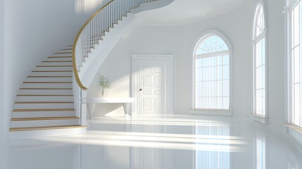 Obraz premium Bright and Airy Modern Hallway with Elegant Staircase, Large Windows, and Minimalist Decor in a Luxurious Home Interior