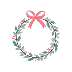 Minimalist Christmas wreath vector with winter foliage, red holly berries, and a pink bow. Hand-drawn, stylish design for holiday cards, wedding invites, and branding. Elegant isolated festive frame.