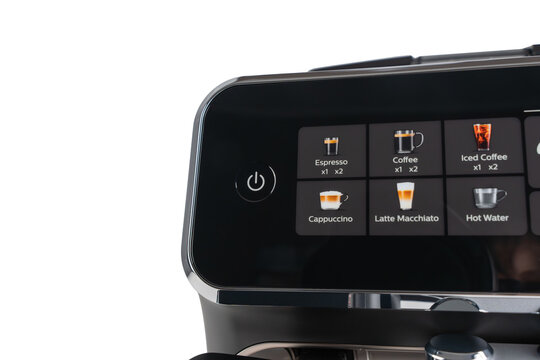 Close-up of the touchscreen menu on espresso machine showing coffee options. User-friendly interface for various drinks. - Powered by Adobe