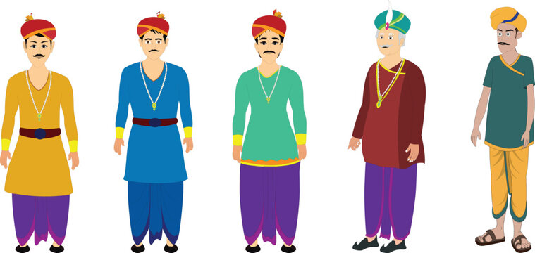 South Asian royal characters set: king, prince, minister and workers, flat vector