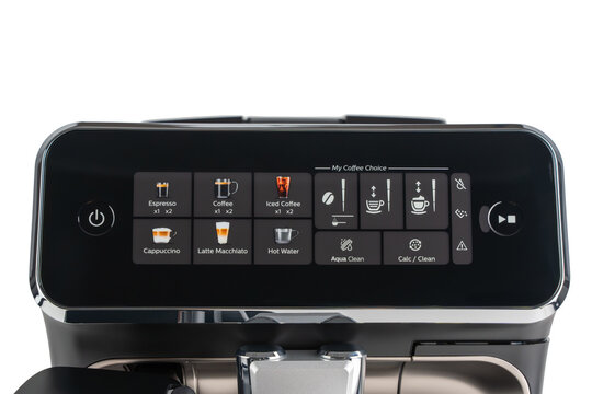 Close-up of espresso machine control panel with touchscreen interface. Multiple beverage options displayed for easy use.