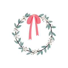 Stylish Christmas wreath with winter branches and white berries, adorned with a delicate pink bow. Vintage and minimalist vector illustration perfect for festive greeting cards, decoration, and design