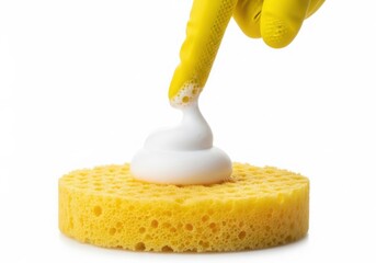 Yellow sponge with cleaning foam and hand in yellow glove isolated on white background