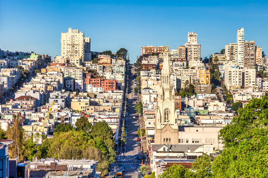 San Francisco cityscape, with Saints Peter and Paul Church, and Filbert Street.