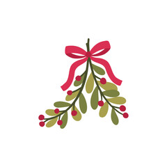 Traditional mistletoe vector with green leaves and bright red berries, tied with a classic red bow. Hand-drawn, isolated holiday design element perfect for seasonal accents, festive patterns