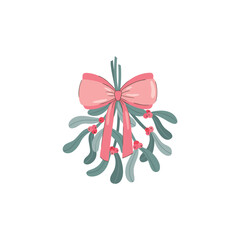 Modern Christmas mistletoe vector with cool-toned blue-grey leaves and delicate pink berries, tied with a stylish pink bow. Hand-drawn element ideal for minimalist holiday stationery. Pastel decor.