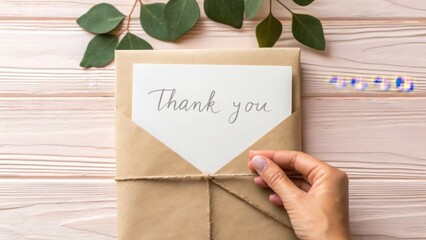 Hand placing handwritten note in envelope with leaves on table