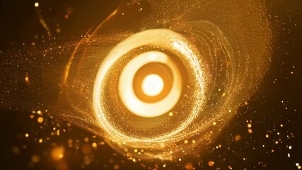 4K seamless loop animation. A swirling, elegant vortex of golden particles. A bright, glowing core with concentric rings on a dark background - Powered by Adobe