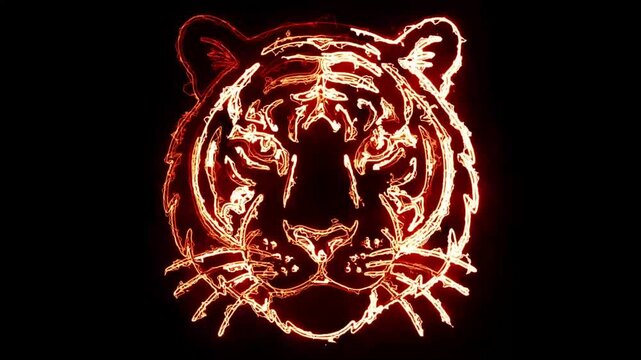 Tiger head symbol with fire energy sparks path effect on plain black background