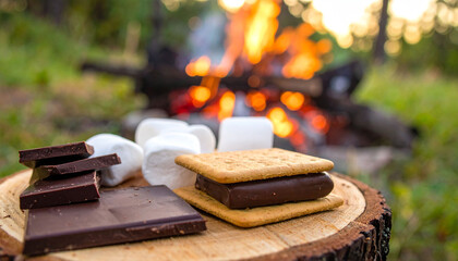 s’mores ingredients including chocolate bars, graham crackers, and marshmallows