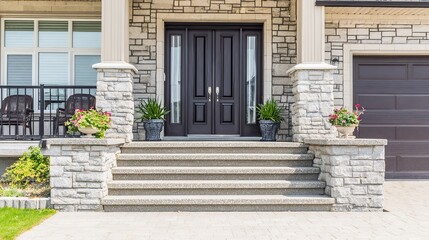 welcome. Family home exterior with welcoming entrance and architectural details. real-estate listings, architecture portfolios, designed for architectural facade and classical detail presentations.