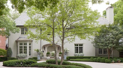 welcome. Family home exterior with welcoming entrance and architectural details. real-estate listings, architecture portfolios, designed for architectural facade and classical detail presentations.