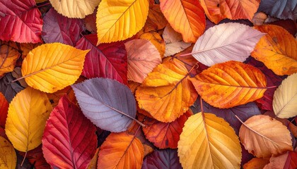 Fototapeta premium Vibrant Autumn Leaves in Shades of Red Orange Yellow and Purple Scattered on Forest Floor in Natural Sunlight