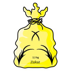 Illustration zakat fitrah rice bag 2.5 kg for Islamic charity and donation. Essential religious contribution for Ramadan, Eid, and Muslim social welfare programs. Isolated on white background