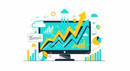 Data Analytics and Business Growth Illustration with Charts and Graphs on Computer Screen
