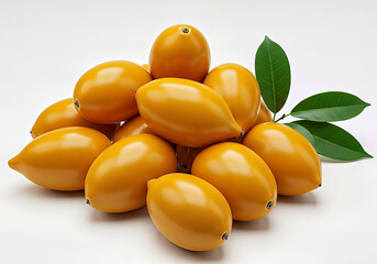 A vibrant pile of golden yellow tomatoes and fresh green leaves against white backdrop, showcasing harvest's bounty.