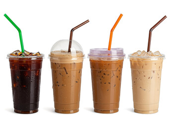 Refreshing assortment of iced coffee beverages with varying hues, served in clear plastic cups and vibrant straws, set against a white background.