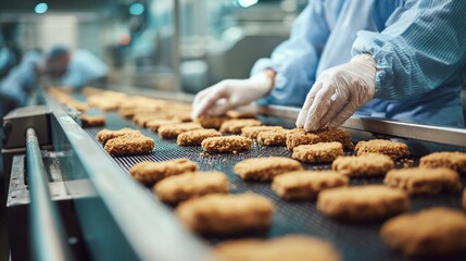Automated food processing with hands in sterile gloves carefully arranging golden-brown, breaded patties on a conveyor belt in a brightly lit industrial environment.