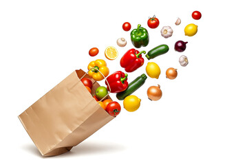 A bursting paper bag filled with fresh and colorful produce floating on a plain white background representing healthy food choices
