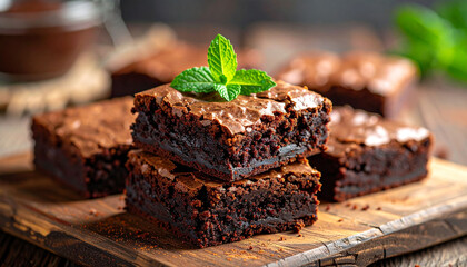 Homemade Chocolate Brownies on Wooden Board