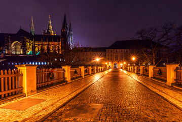The Prague castle area in UNESCO world heritage site city Prague in night.