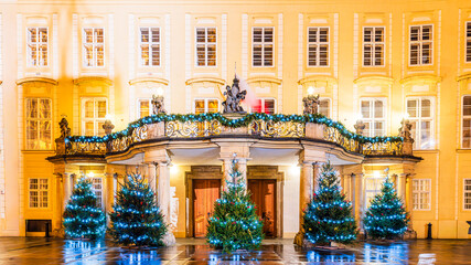 Christmas tree decorations on a Prague Castle in UNESCO world heritage site city Prague in a night.