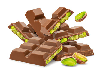 Delicious milk chocolate bars with pistachio nuts on a white background, enticing sweet dessert indulgence and tempting confectionery.