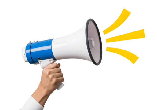 Isolated hand holding megaphone , Hand holding a loud megaphone for public announcement news tool 