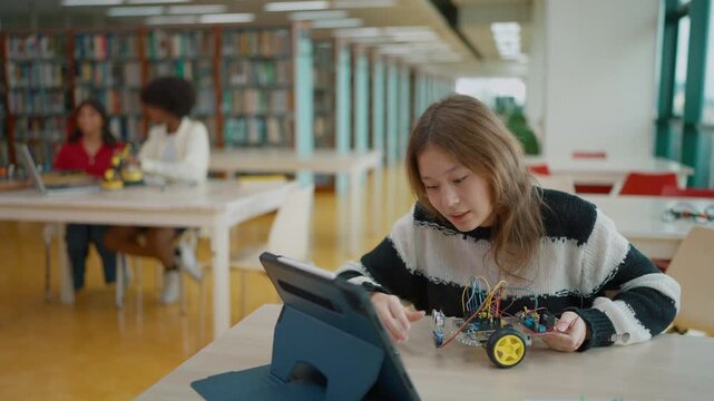 High school students presenting their model robot via video call on a tablet, discussing the creation process. STEM, Education, Learning and knowledge concept