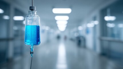 Intravenous therapy concept. IV drip with vibrant blue fluid in a clear bottle, suspended in a sterile hospital corridor, providing medical treatment to patients.