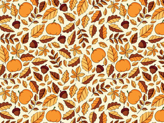 Vector colorful autumn natural seamless pattern with fall leaves, fruits, pumpkins and leafs. Seamless background. November.
