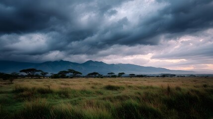 Obraz premium Dramatic stormy clouds loom over a vast savanna landscape with distant mountains and scattered acacia trees