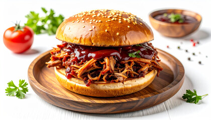 Pulled Pork Sandwich with BBQ on White Background 