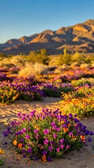 Obraz premium Vibrant Desert Bloom: A breathtaking scene unfolds as a profusion of colorful wildflowers blankets the arid desert landscape, against the backdrop of majestic mountains and clear blue sky.