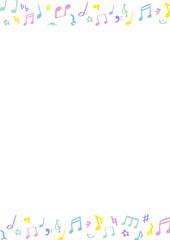 手描きのシンプルでカラフルな音符と音楽記号の背景フレームイラスト（縦）